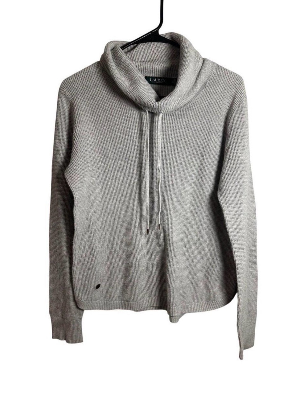 Lauren Ralph Lauren Womens Gray Waffle Knit Cowl Neck Drawstring Sweater Large